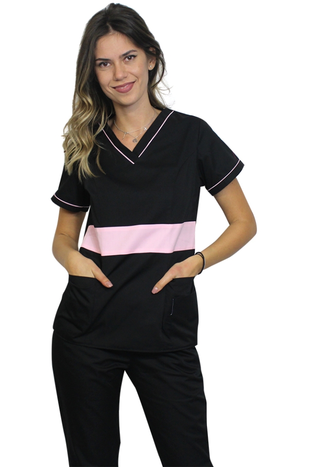 OUTLET Halat medical negru cu roz pal, model Sofia